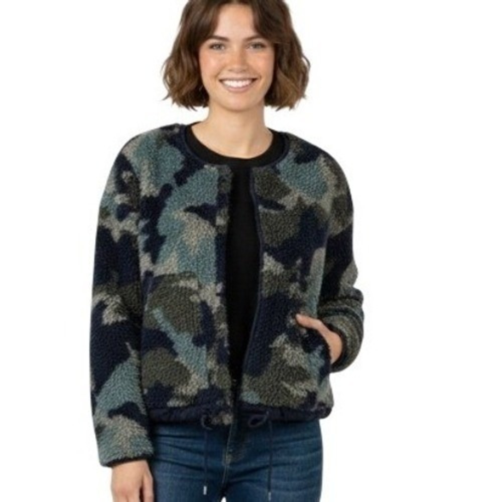 Everlane ReNew Teddy Bomber Jacket Women Large‎ Camo Blue Green Fleece Pockets